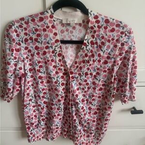 LOFT Pink and Red Cherry Print Cardigan